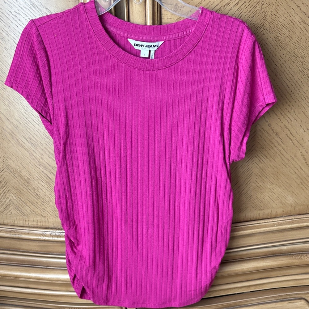 DKNY Ribbed Short Sleeve Tee in Bright Fuchsia